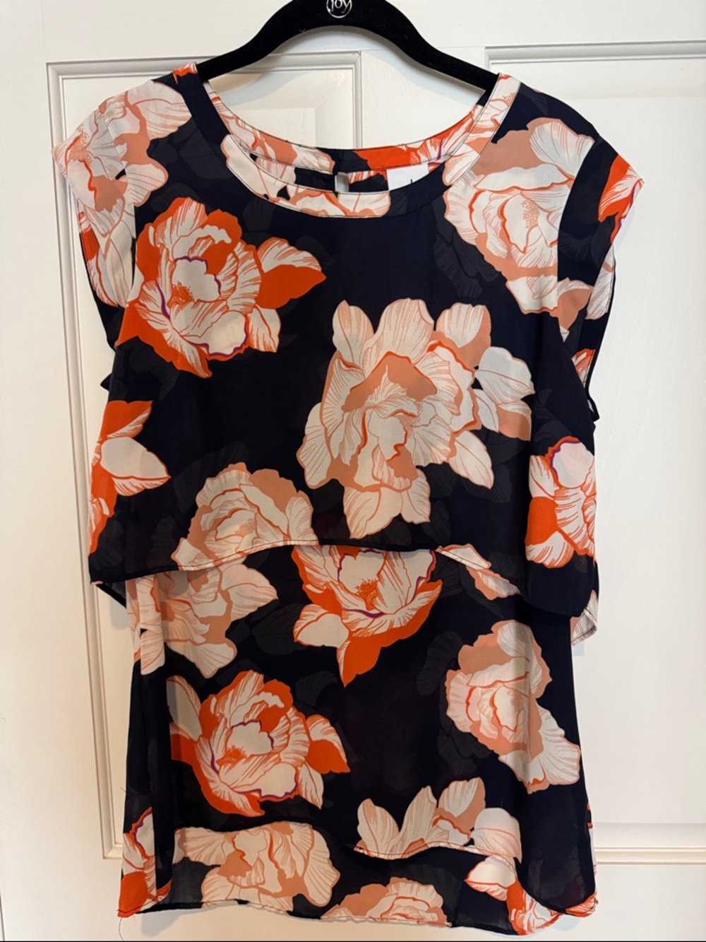 CAbi Navy Floral Overlay Blouse with Orange and Cream Blooms